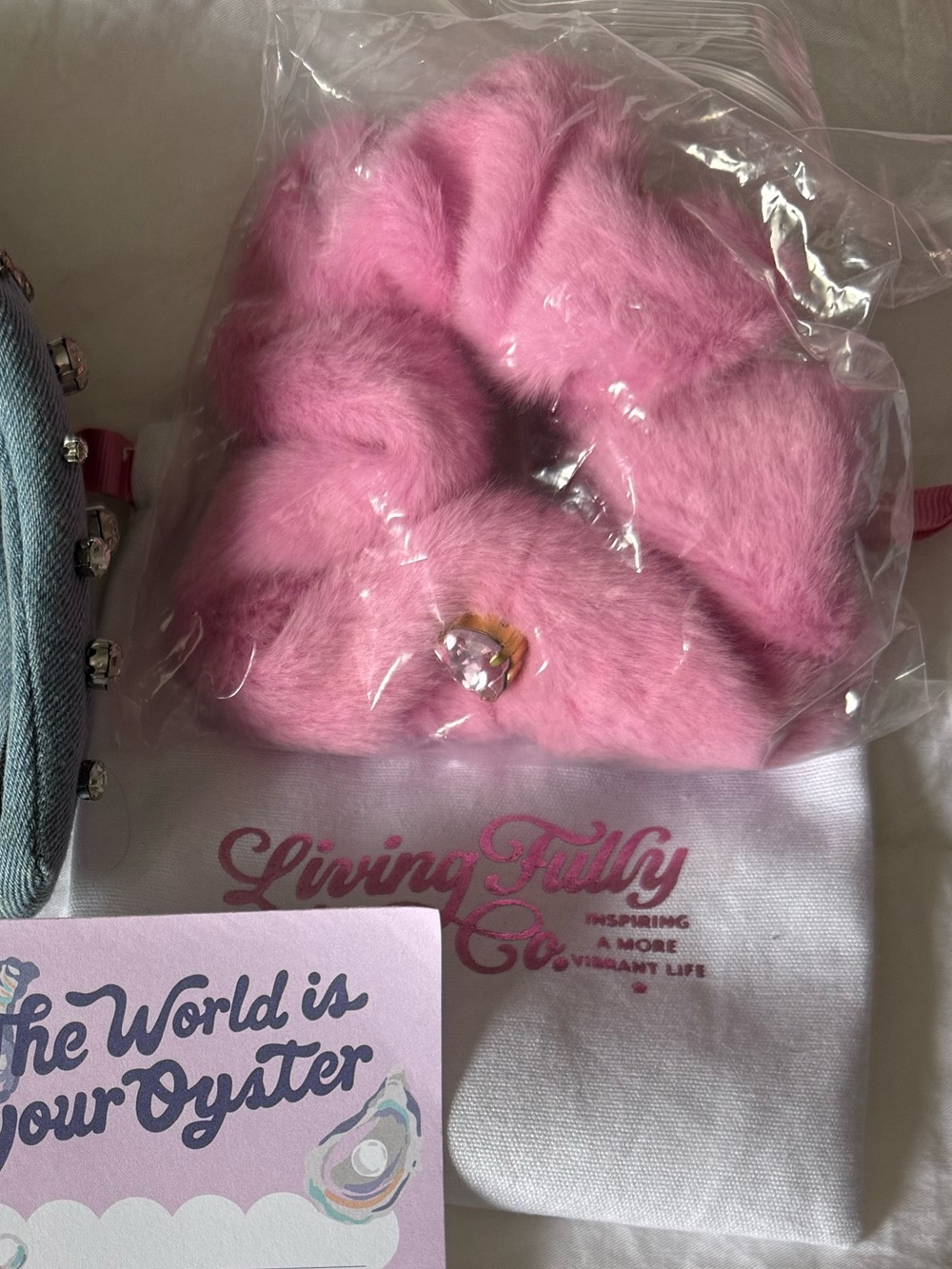Living Fully Co. Plush Pink Fuzzy Scrunchie with Gem Accent